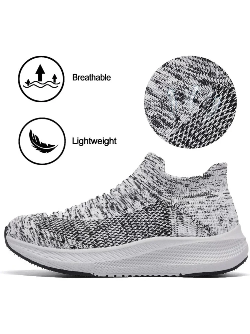 Women's Grey White Comfort Lightweight Sock Mesh Slip on Casual Sneaker Shoes